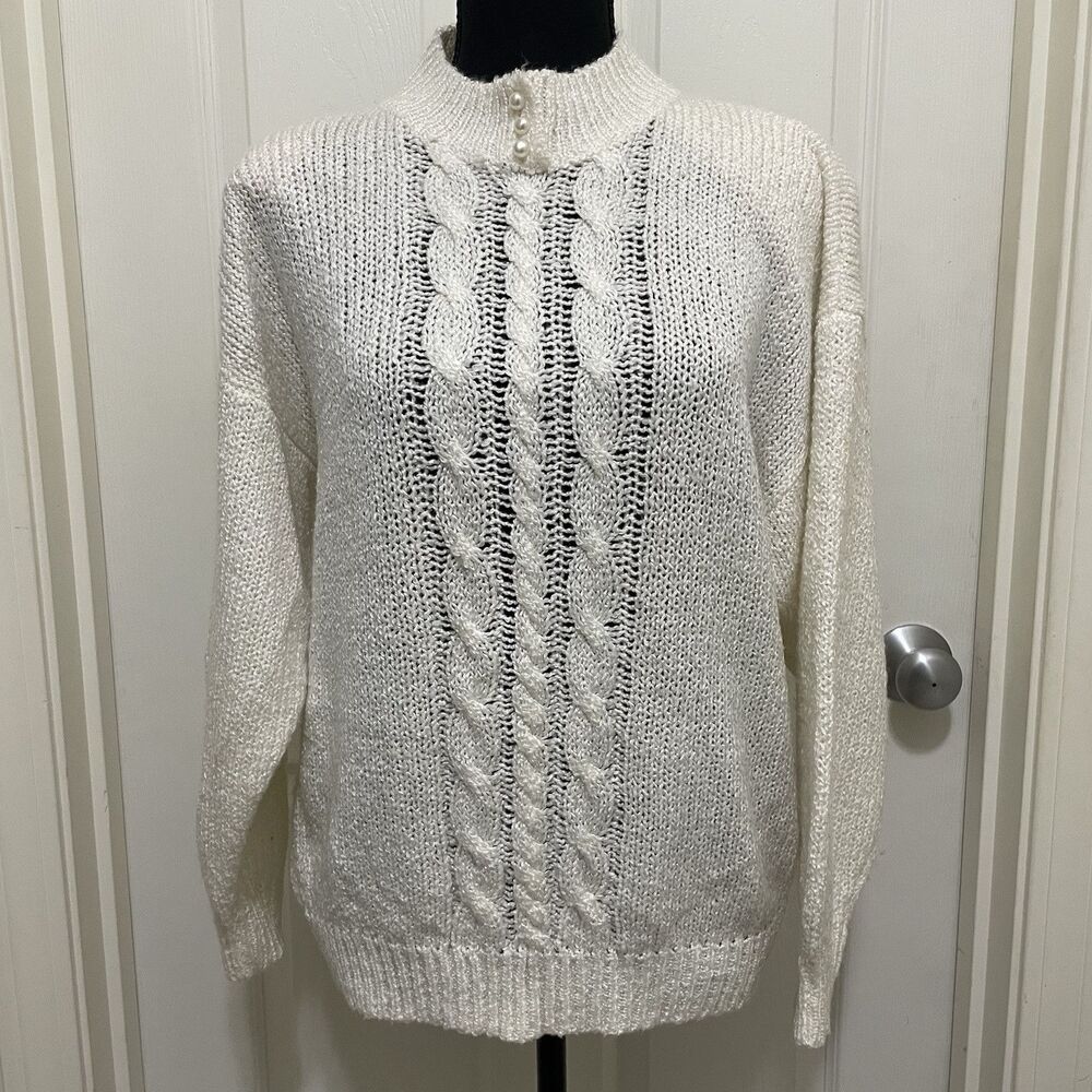 Sterling Harris Vintage White Cable‎ Knit Sweater Mock Neck Women's Large Pearl
